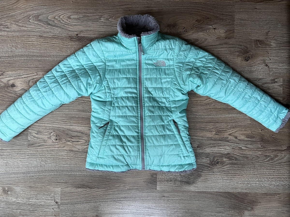 Girls The North Face Fur Mossbud Swirl Coat L Large Teal Gray Reversible 10  12