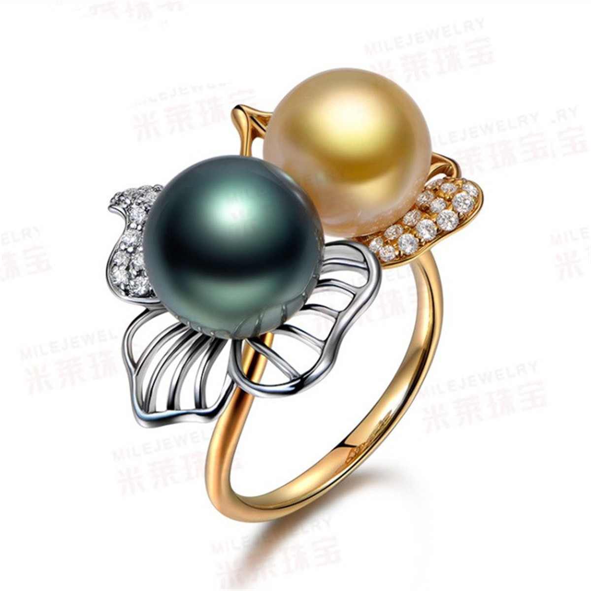 18K Yellow Gold Filled Women Pearl FlowerRings Men Rings