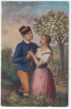 POSTCARD Czech peasant romance Bohemia love folk costume ethnic blouse tree art