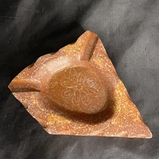 VTG Mid Century Astray Hand Carved Natural Stone Beautiful Floral Design Signed