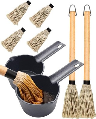 2x Cast Iron Sauce Pan Set 2x 15oz Basting Pot W/ 18'' BBQ Mop Brushes Cast Iron