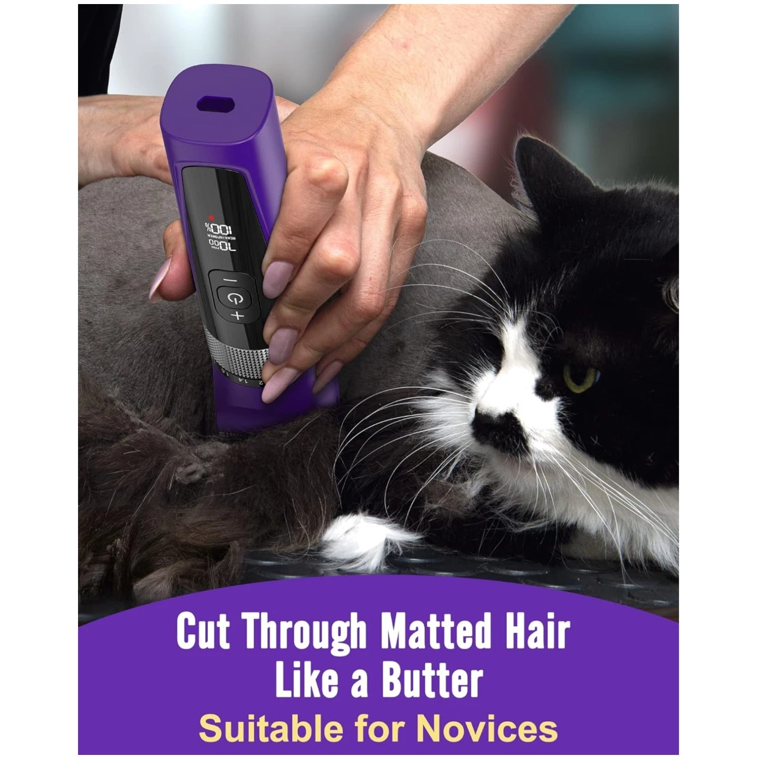 Quiet Cat Clippers for Mats - Waterproof Pet Trimmer, Purple