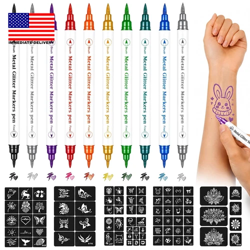Temporary Tattoo Markers, 10Pc Body Art Pens with 81 Tattoo Stencils ⭐️⭐️⭐️⭐️⭐️ - product listing photo