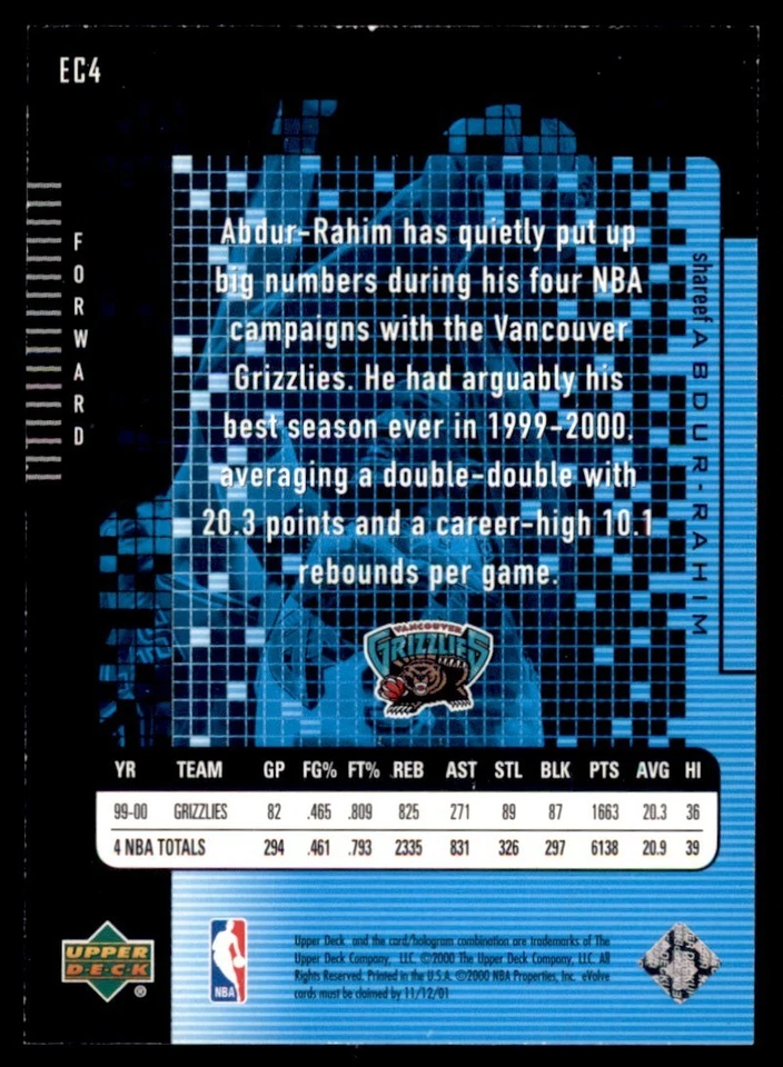 2000-01 Upper Deck e-Card 1 #EC4 Shareef Abdur-Rahim Grizzlies - Image 2 of 2