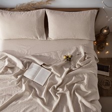 100 Linen Sheet Set King Size,Bed Sheets 4 Piece Sets, Solid Color Natural F...