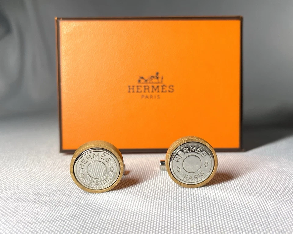 Autêntica [Linda] Abotoaduras HERMES Serie corrente de madeira e prata Business - Imagem 3 de 4