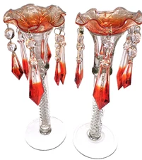 2 Bobeche Prism Drop Candle Drip Protectors Retro Victrylite *Crimson Ombre Vtg