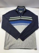 Eddie Bauer Men's Pullover Sweater 1/4 Zip Blue Gray Stripes Wool Blend PreOwned