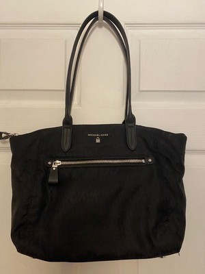 MICHAEL KORS NWOT Kelsey Black MK Logo Nylon Tote Bag Purse Saffiano Silver