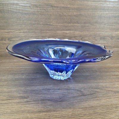 Blau Kunst Glas große Standschale Obst Süßigkeiten Schale gewellt gekräuselt Blume 