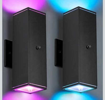 Smart Outdoor Sconce Lighting 2 Pk, Square Porch Wall Light RGB App Control