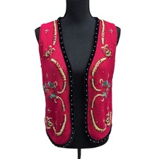 Vintage Theme Works Christmas Embroidered  Beaded Vest Cardigan Size PM