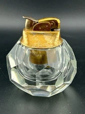 Vintage Faceted Crystal Table Lighter Mid-Century Clear Cut Glass Gold Tone Top