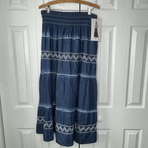 Indigo & Lace Boho Tiered Maxi Skirt by & Skirt Size XL Medium Blue