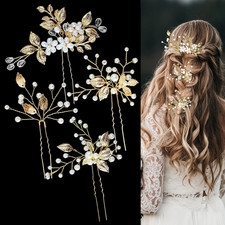 4 PCS Bridal Hair Pins Gold Leaf Crystal Floral Pearl Headpiece Vintage Flower