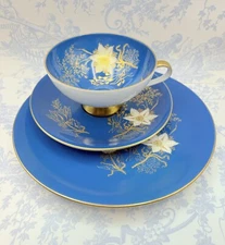 PMR Bavaria Jaeger & Co Germany Blue /Gold Leaf Porcelain Tea Cup Saucer Set 3