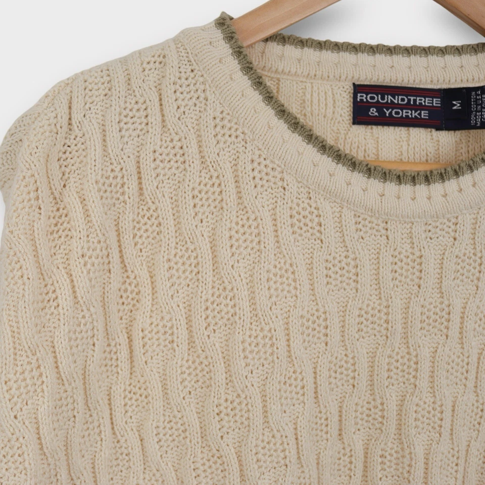 Suéter tejido con cable crema Roundtree & Yorke vintage para hombre M 100 % algodón EE. UU. Foto 4 de 4