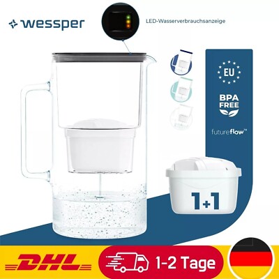 Wessper Glas Wasserfilter Kanne FutureFlow 3L LED-anzeige komp mit Brita Maxtra+