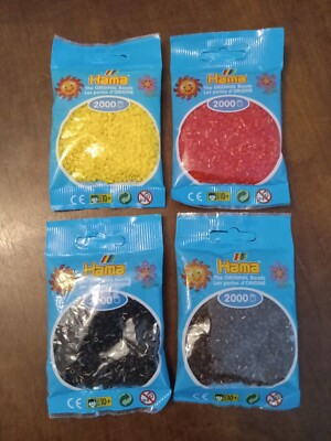 4 pks Hama 3mm micro mini Beads Red, Black, Brown, Yellow 8,000 beads total NEW