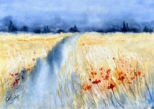 Original Watercolor The Road to Golden Fields Bright sunset  wheat home decor A4