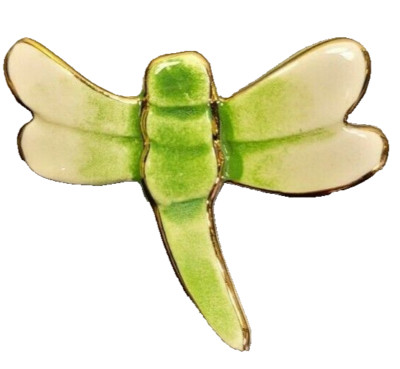 Dragonfly Brooch Ceramic Hand Crafted Green and White, Gold Tone Detail 1.5''