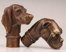 2PC ancient Old Bronze Statues Dog Cane Walking Stick Head Handle Accessorie