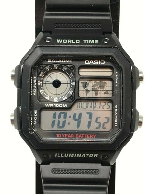 casio black world time resin strap watch