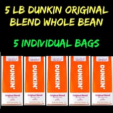 5 LB Dunkin’ Original Blend Whole Bean 100% Arabica Coffee Medium Roast 5 Bags
