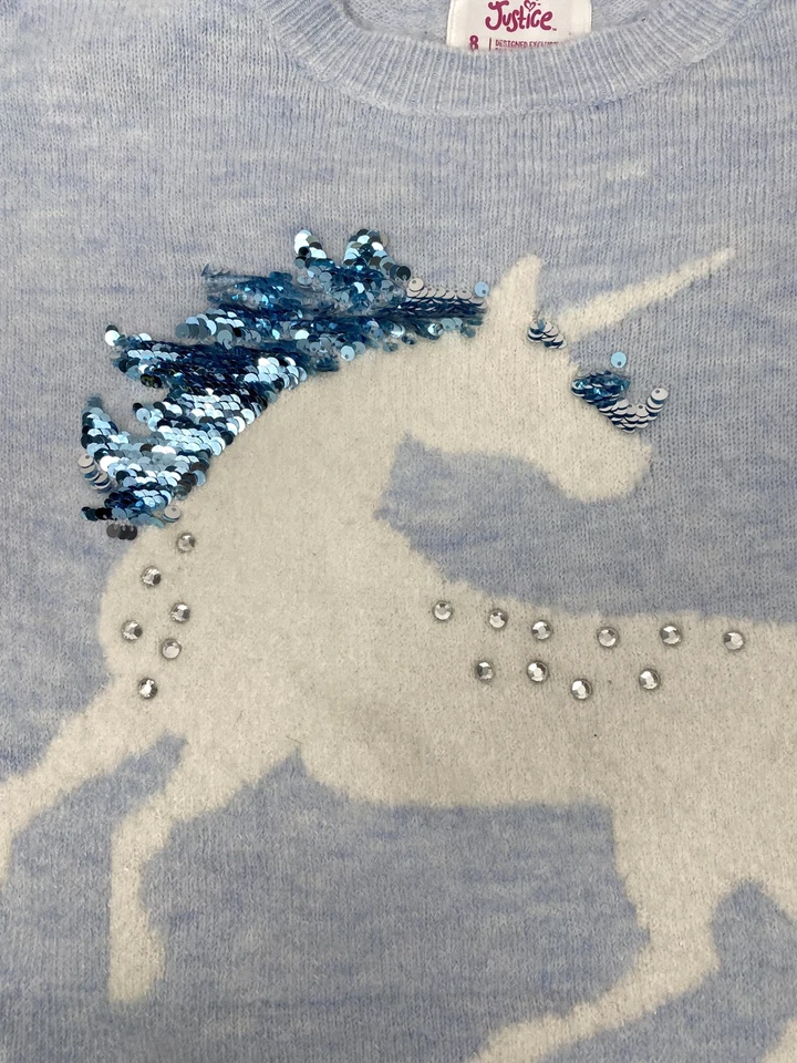Suéter Justice Girl Azul con Unicornio Blanco con Lentejuelas Reversibles, Talla 8 Foto 4 de 4