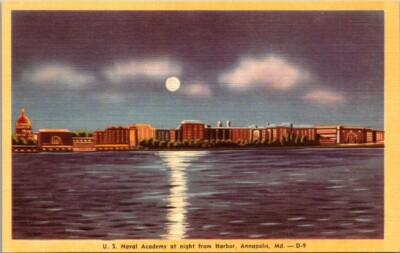 Postcard US Naval Academy At Night From Harbor Annapolis Md Linen
