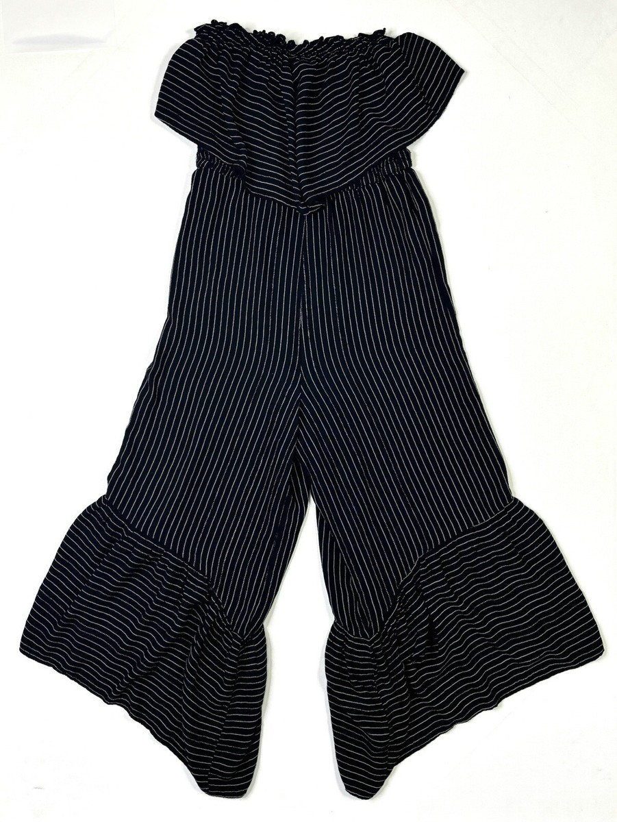 American Eagle Jumpsuit Women's Small Wide Leg Striped Black Strapless  Stretch