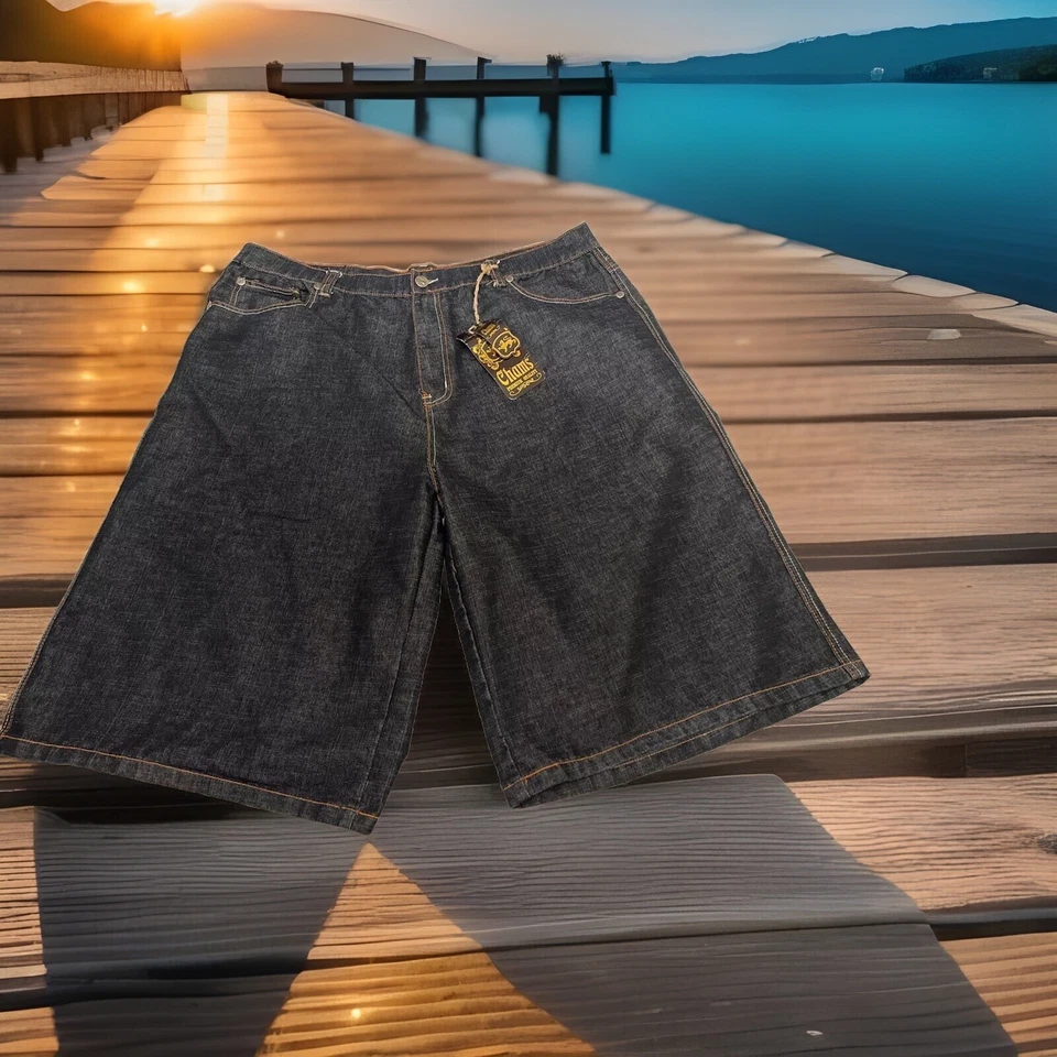 Pantalones Cortos de Jean Sueltos Chams Para Hombre Talla 44 Bordados Hip Hop De Colección Y2K Negros Foto 2 de 4