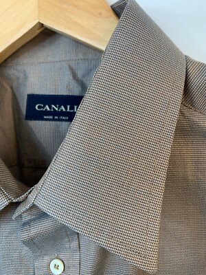 Canali Mens Brown Micro Check Button-Down Shirt 17.75 Neck Italy Cotton 10021