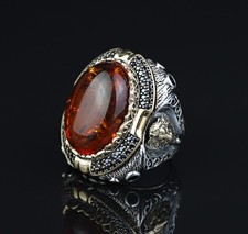 925 Silver Large Baltic Natural Amber Stone Leon Figured Signet Ring