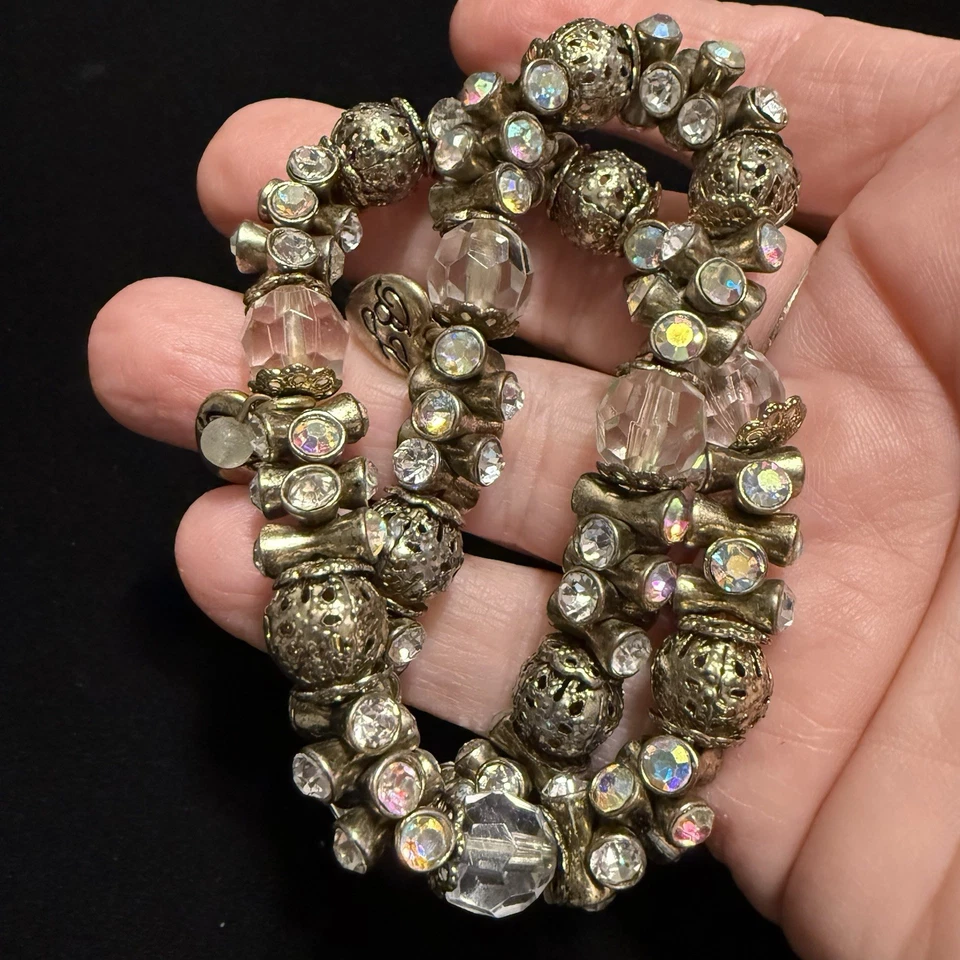 Brazalete elástico con cuentas facetadas retro Betsey Johnson tono dorado pila de cristal Foto 2 de 4
