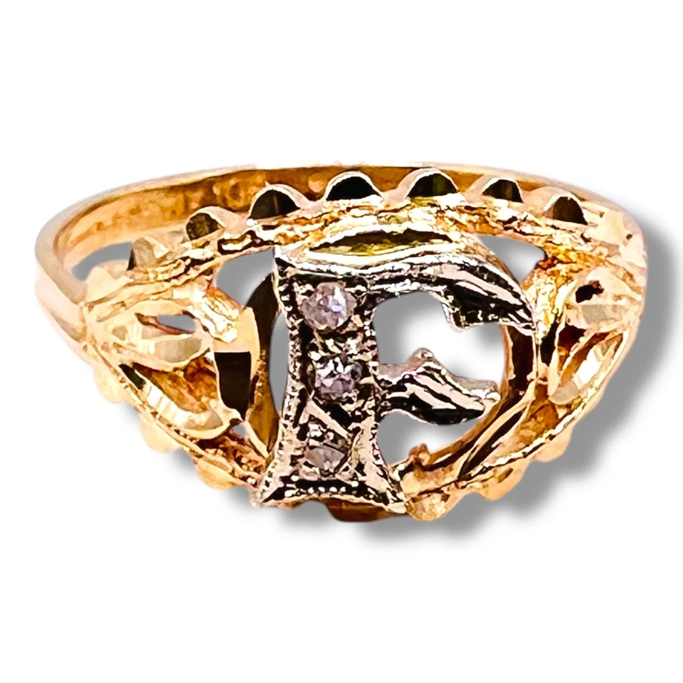 Initial Diamond Letter F Signet Solid 10k Yellow Gold Dome Band Ring SZ 5.75 - Image 2 of 4