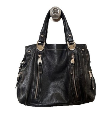 B. Makowsky Black Pebbled Leather Shoulder Bag 2 Handled Silver Hardware Dustbag