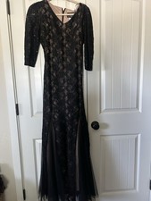 Alex Evenings Black Lace Long Sleeve Evening Gown with Nude Underlay Sz 8