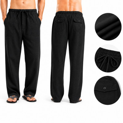 Herren Leinenhose Stoffhose Freizeit Sommer Kordelzug Lose Fitness Jogginghosen