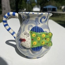 Lynn Morris Signed Art Pottery Fish Hand Painted Pitcher Jar White Blue
