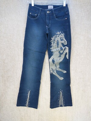 Jr-S.Com Stretch Jeans Junior Size 3/4 Glitter Horse Design Split Cuffs 26x30