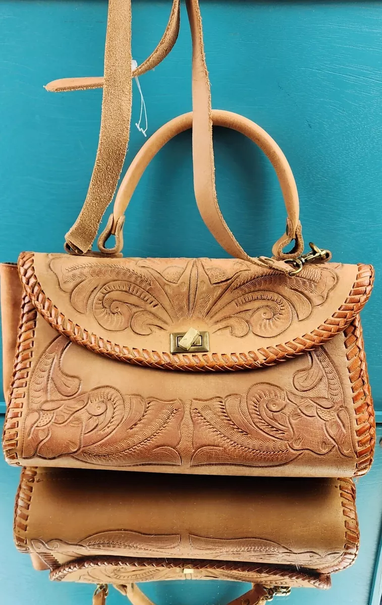 Hand Tooled Leather Cross Body Bag Handbag Camel Colored Floral Pattern RARE