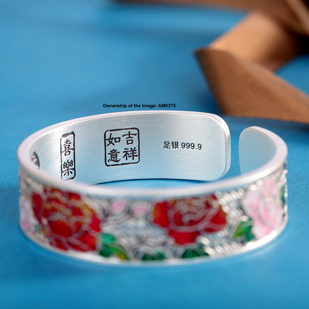 Pure S999 Fine Silver Women Cuff Banlge Red Flower Open