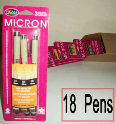 Pigma Micron Pens, Lot of 6 pks, 3/Pkg, 18 pens, Black, Sakura Part 30061
