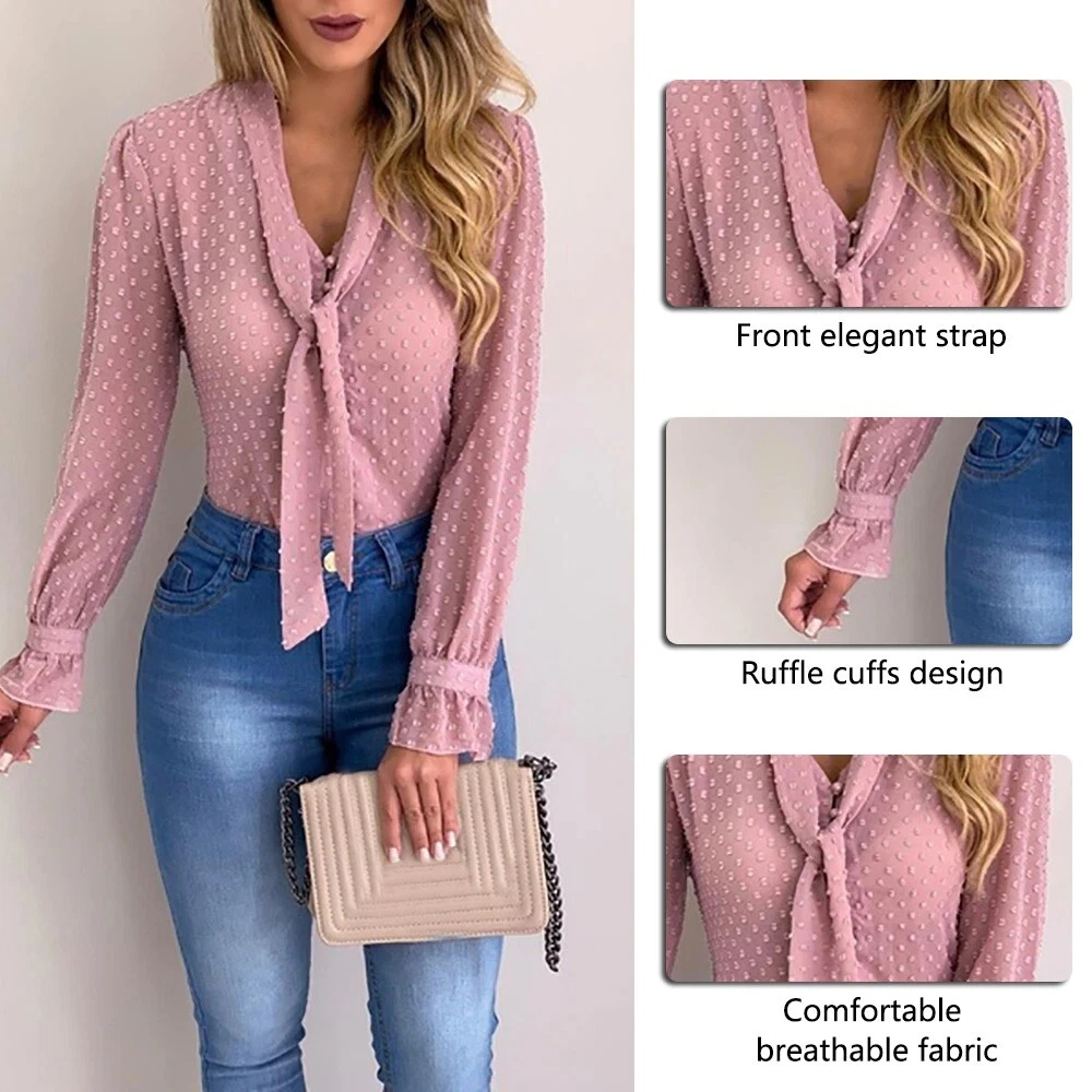 Blusas De Gasa Para Mujeres Moda Elegante Manga Larga Cuello V Camisa De Oficina