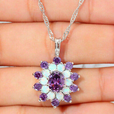 AFFY Oval Cut Simulated Amethyst with White Diamond Solitaire Pendant in 925 Sterling Silver 