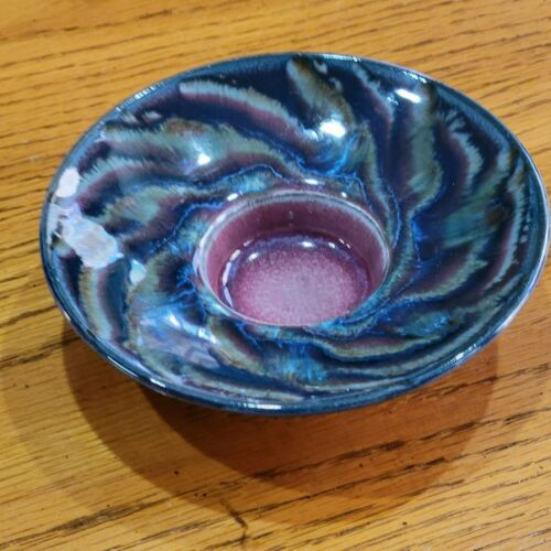 John And Carole Bandurchin Art Pottery Candleholder Blue Purple Swirl Canada - Picture 2 of 12