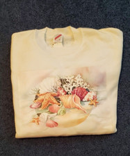 Jerzees White Sweatshirt w/beach shells decal Cotton Blend Crew L Made in USA