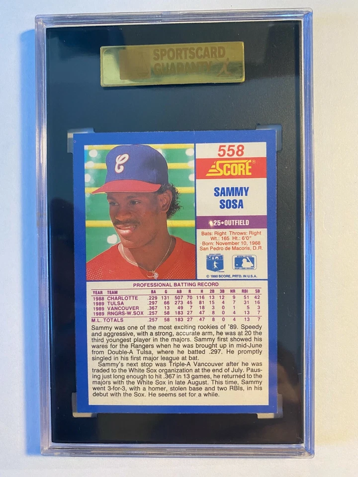 Tarjeta de béisbol 1990 puntuación #558 Sammy Sosa novato SGC 92 casi nueva/como nueva plus Foto 2 de 2