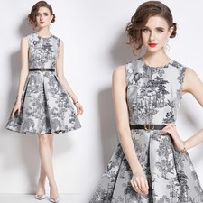 Women's Fashion Jacquard Vest Skirt Round Neck Sleeveless Slim Fit A-line Dress
